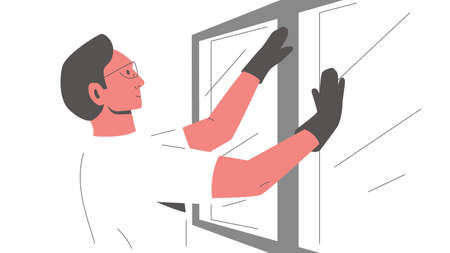 Worker installing a window. Vector colorful illustration of a male constructor in glasses and gloves...