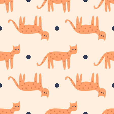 Cats seamless pattern. Vector seamless colorful pattern of cat with soft and beautiful pastel colors. Pattern for fabric design, wallpaper, decor and background. Animals and shapes beige backgroundのイラスト素材