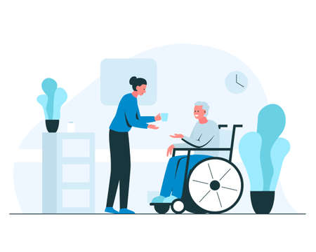 Female nurse giving glass of water to elderly man in a wheelchair. Vector concept colorful illustration of young smiling nurse helping senior man in a wheelchair in a cozy interior with plants and flowerpotsのイラスト素材
