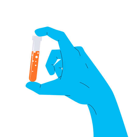 Test tube in the hand. Vector colorful illustration of a gloved hand holding a test tube. Icon of a bright fluid in a vial. Concept of vaccine, chemical expirements, medical research, science achievementのイラスト素材