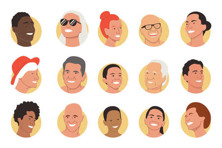 Set of portraits of different people. Vector colorful illustration with set of 15 different portraits of happy smiling men, women, children, teenagers with yellow avatar background. Icon, avatar, profile imageのイラスト素材