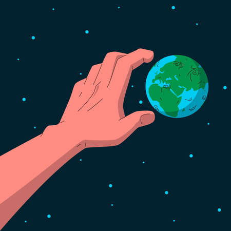 Earth globe in space and hand reaching out for it. Vector concept colorful illustration of earth planet globe in dark space background and humans hand trying to reach out to itのイラスト素材