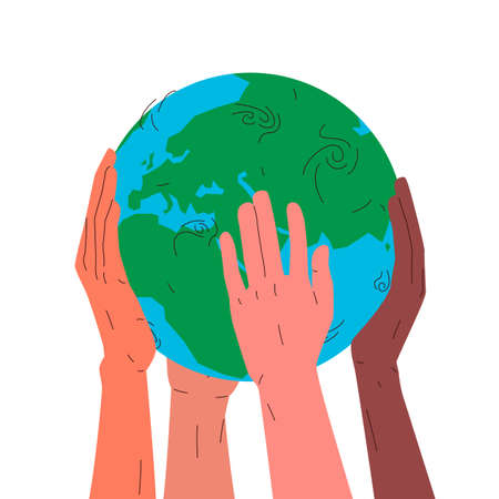 Earth globe in hands. Vector concept colorful illustration of earth planet globe in four different interracial humans hands carefully holding it. Concept of environment, environmental conservation, ecosystemのイラスト素材