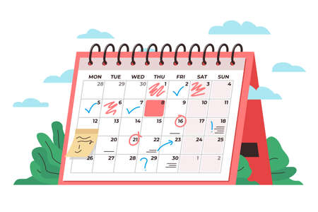 Calendar time management concept. Vector conceptual illustration of a big desk calendar showing monthly schedule with notes and check marks. Concept of time management, monthly schedule, timetableのイラスト素材