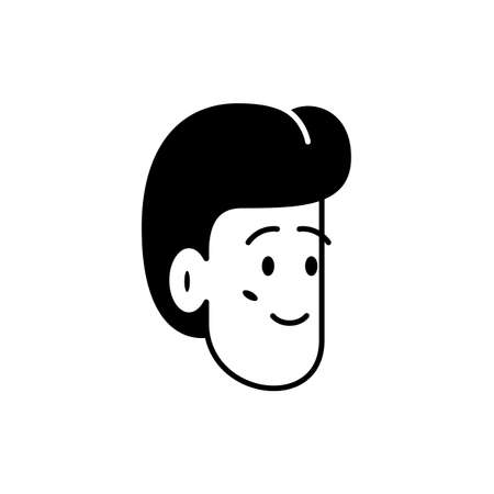 Portrait of a smiling boy. Vector black and white flat illustration of a face of a happy smiling boy with a stylish haircut. Simple icon image of mans face to use as an avatar or character portraitのイラスト素材