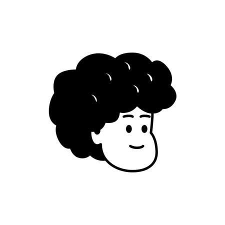 Portrait of a smiling girl. Vector black and white illustration of a face of a happy smiling cute girl with curly haircut. Simple icon image of woman face to use as an avatar or character portraitのイラスト素材