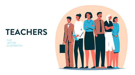 Teachers concept illustration. Vector flat colorful illustration of a group of people standing as a team. Female and male school teachers standing together dressed in classic clothes. Instructors, educationのイラスト素材