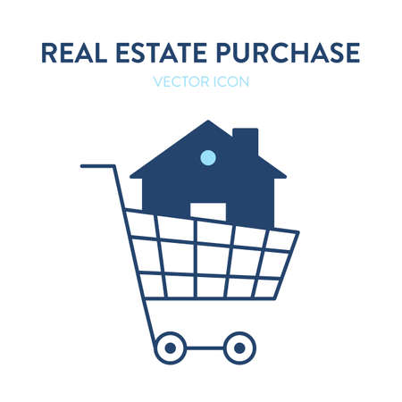Buying a house icon. Vector colorful illustration home building in a shopping cart. Represents concept of residential property purchase, buying new homeのイラスト素材