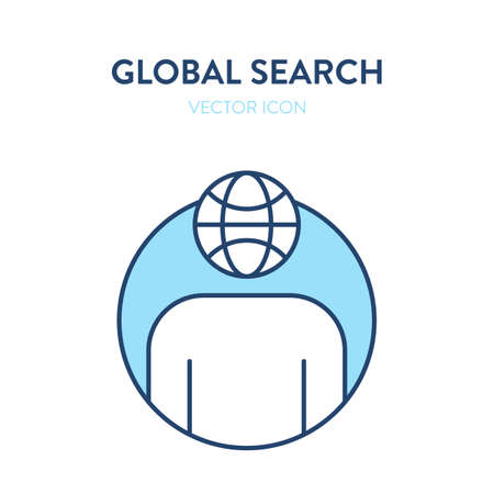 Global search icon. Vector colorful illustration of a human icon with a globe instead of a head. Represents the concept of global world searching, internet online search, finding an answer, information accessのイラスト素材