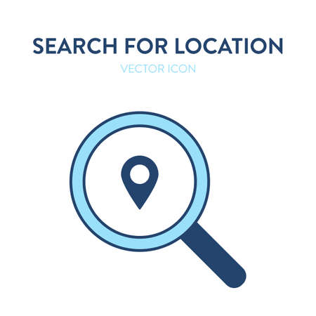 Location search icon. Vector colorful illustration of a magnifier tool with location icon in it. Represents concept of searching on the map, finding destination point, orienteering, checkpoint searchのイラスト素材