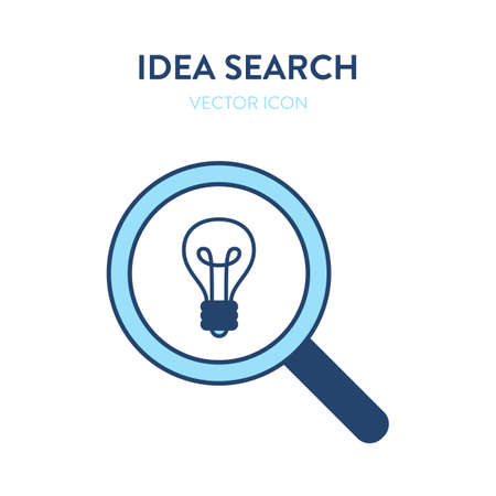 Idea searching icon. Vector colorful illustration of a magnifier tool with light bulb idea symbol inside. Represents concept of searching for fresh ideas, finding a solution, problem solving, talent searchのイラスト素材