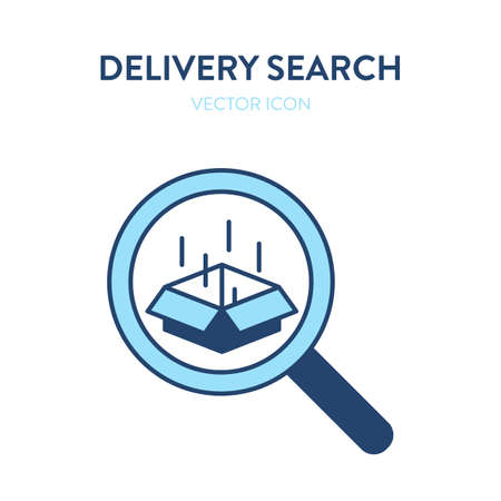 Delivery search icon. Vector colorful illustration of a magnifier tool with an open delivery box inside. Represents the concept of package tracking, online delivery searching, finding a postal service, trackingのイラスト素材