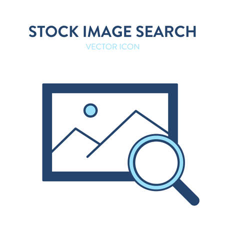 Image search icon. Vector colorful illustration of stock photo symbol with magnifier tool. Represents concept of selling photos, illustrations and images, stock images, search and find visual design elementsのイラスト素材