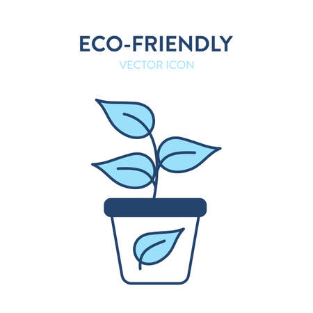 Eco-friendly houseplant icon. Vector colorful illustration of a flower pot with a plant drowing inside. Represents concept of environmental conservation, nature, house plants, home flowersのイラスト素材