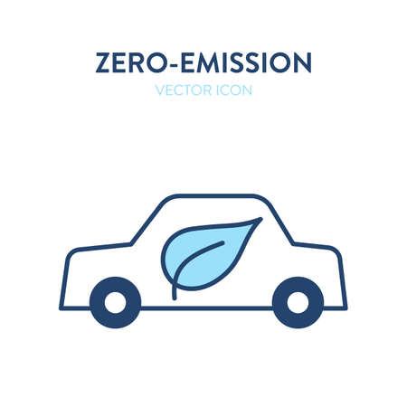Eco-friendly car icon. Vector colorful illustration of a car with a leaf eco symbol on it. Represents concept of environmental conservation, biomaterial, eco-friendly technology, electric car, renewable energyのイラスト素材