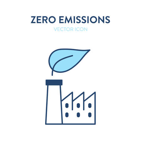 Zero emissions factory icon. Vector colorful illustration of a facrory building with a leaf eco symbol. Represents concept of environmental conservation, eco-friendly technology, production without toxic wasteのイラスト素材