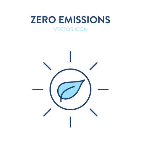 Zero emissions label. Vector colorful illustration of a leaf eco symbol in a circle. Represents concept of environmental conservation, eco-friendly technology, organic, naturalのイラスト素材