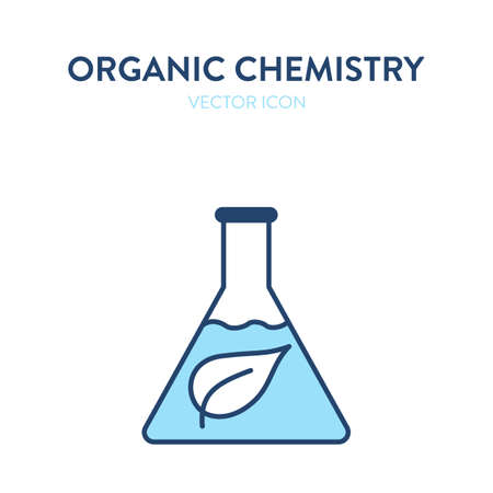 Organic chemistry flask icon. Vector colorful illustration of a chemical flask with a leaf eco symbol. Represents concept of natural ingredients, natural medicine, bio materials, recycled plasticのイラスト素材