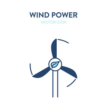 Wind power icon. Vector colorful illustration of a three-blade wind turbine with a leaf eco symbol. Represents concept of wind power generation, eco-friendly technology, wind energy, renewable energy sourceのイラスト素材