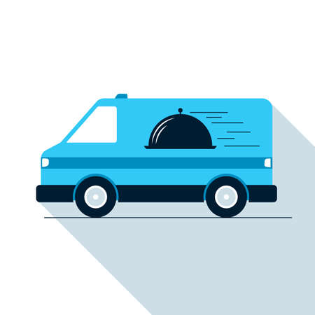 Food delivery car flat icon. Vector illustration of a moving food truck with serving metal plate image on the side. Represents a concept of food delivery.のイラスト素材