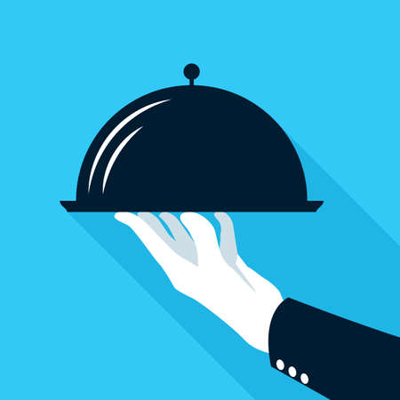 Metal platter flat icon. Vector concept illustration of a closed stainless steel plate of food in a waiters hand. Represents a concept of serving food, eating in a restaurant, haute cuisineのイラスト素材