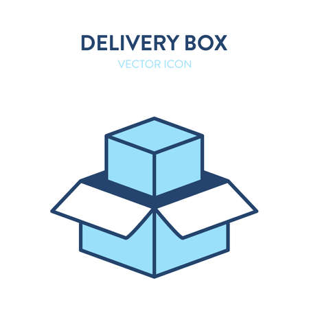 Open delivery box flat isometric icon. Vector illustration of an open gift box with product packaging inside.のイラスト素材