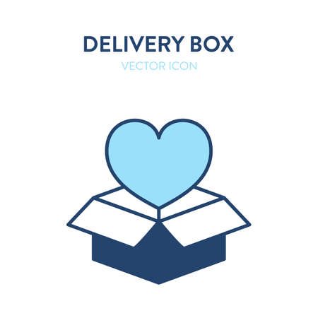 Open delivery box flat isometric icon. Vector illustration of an open gift box with heart shape symbol inside.のイラスト素材