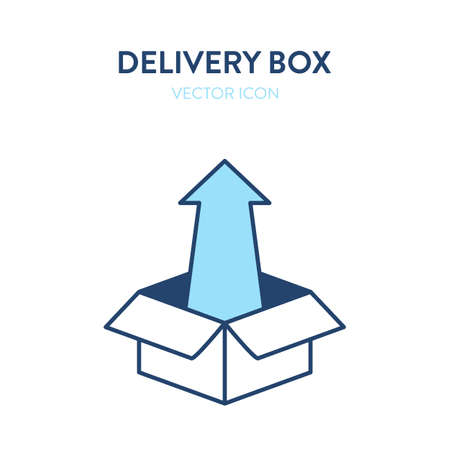 Open delivery box flat isometric icon. Vector illustration of an open box with an outward arrow. Unboxing, parcel package, delivery service, wedding gift, unpacking things, moving inのイラスト素材