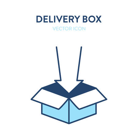 Open delivery box flat isometric icon. Vector illustration of an open box with an arrow pointing inward.のイラスト素材