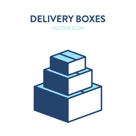 Stack of delivery boxes flat isometric icon. Vector colorful illustration of closed cardboard boxes of different sizes. Postal service, parcel package, delivery service icon, packing thingsのイラスト素材