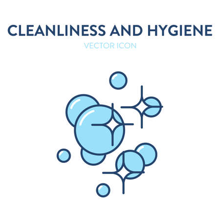 Soap bubbles vector icon. Vector illustration of a bubbles and shiny stars. Bubbles cleanliness symbol, crystal clean, clean environment, cleaning agent, chemicals, hygiene soap, hand washingのイラスト素材