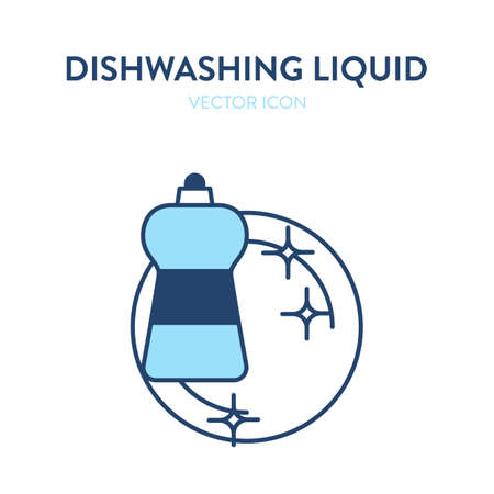 Dishwashing liquid vector icon. Vector illustration of a bottle of cleaning agent and crystal clean plate. Dishwashing icon, crystal clear, clean dishes, dish soapのイラスト素材