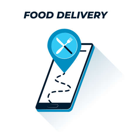 Food tracking icon. Vector outline illustration of smartphone screen with eatery location icon and tracking sign on the screen. Represents a concept of finding place to eat and food delivery trackingのイラスト素材