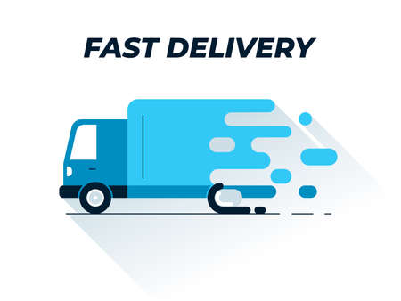 Delivery truck flat illustration. Creative vector illustration of a fast moving freight car. Small truck icon. Represents concept of express delivery, large cargo transportation, delivery serviceのイラスト素材