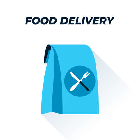 Takeaway food package flat illustration. Vector illustration of a paper bag with knife and fork symbol. Represents a concept of food delivery, takeaway food, takeout paper box, home food orderingのイラスト素材