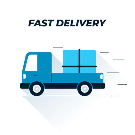 Delivery truck flat illustration. Vector illustration of a moving freight car with a large cargo. Loaded vehicle icon. Represents a concept of cargo delivery. Small truck transporting fixed cargoのイラスト素材