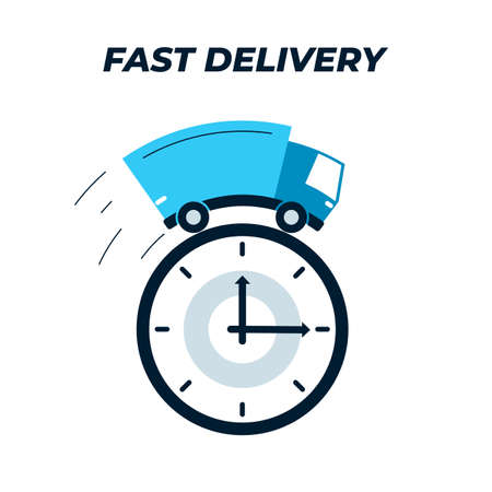 Truck delivery and watch face icon. Vector illustration of a freight car driving on top of the watch face. Loaded truck icon. Represents a concept of express delivery and short delivery time, deadlineのイラスト素材