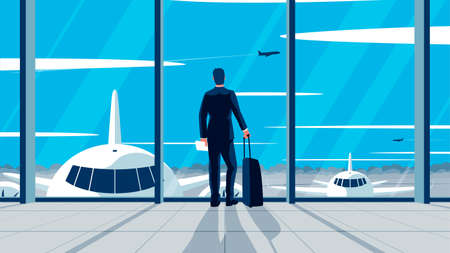 Vector flat illlustration of a businessman standing in the airport. Concept of a man wearing suit with suitcase standing in the airport lounge looking at the airfield. Departure awaiting hall interiorのイラスト素材