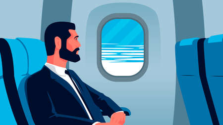 Vector flat illustration of a businessman on the plane looking out the window. Bearded man in suit on business trip by first class flight. Person aboard plane looking through the window at the cloudsのイラスト素材
