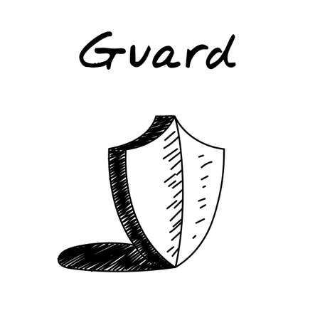 Shield handdrawn icon. Cute vector clip art of a protective shield. Sketch with guard shield line illustration with shadow on the floor. Represents concept of guarding, shielding, protectingのイラスト素材