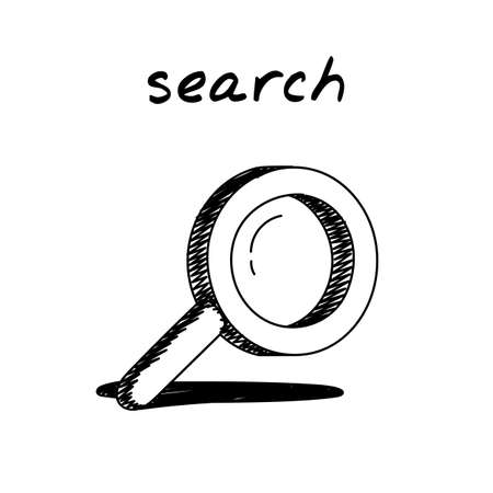 Magnifying glass handdrawn icon. Cute cartoon vector illustration of a magnifier tool. Outlined sketch of a concept of searching, online search, research, study, discovery, lens, optical toolのイラスト素材