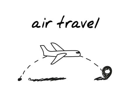 Flight travel handdrawn illustration. Cartoon clip art of flying plane followed by a dotted line trace to the destination point. Black and white sketch with concept of air travel, flightsのイラスト素材