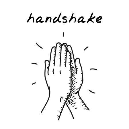 High five handdrawn illustration. Cartoon clip art of two hands giving high five for great work. Black and white sketch of people give hand slapping gesture. Concept of teamwork, unity, sportのイラスト素材