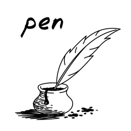 Feather quill pen handdrawn illustration. Cartoon clip art of a goose-quill pen in glass ink bottle. Black and white sketch with concept of writing instruments, signature of documentのイラスト素材