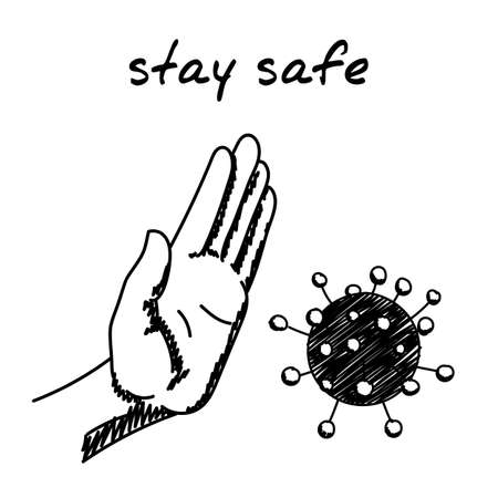 Coronavirus handdrawn illustration. Cartoon clip art of a covid-19 bacteria and human hand stopping it. Black and white sketch of a pandemic safety, health, protection, coronavirus quarantineのイラスト素材