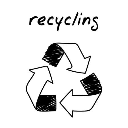 Recycling symbol handdrawn illustration. Cartoon clip art of a recycling label with arrows. Black and white sketch of a concept of environmental conservation, waste reuse symbol, eco-friendlyのイラスト素材