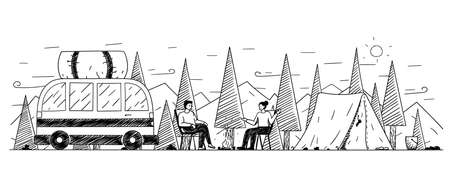 Campsite handdrawn illustration. Cartoon clip art of camping site and couple resting in nature with a tent. Black and white sketch of a van, trees, natural environment, tourism, campgroundのイラスト素材