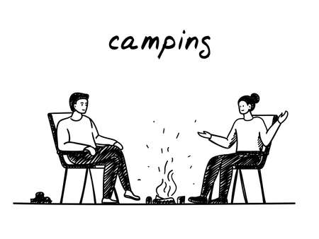 Couple and campfire handdrawn illustration. Cartoon clip art of a man and woman sitting by the bonfire and talking. Black and white sketch of cozy atmosphere, talk, nature, tourism, campgroundのイラスト素材