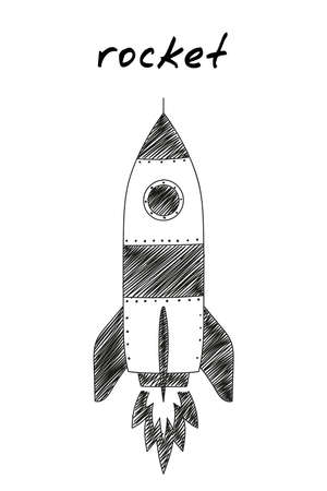 Rocket hand-drawn icon. Cartoon clip art of a spaceship flying in space. Black and white sketch of the rocket iconのイラスト素材