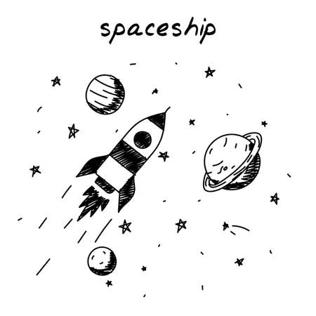 Rocket flying in space hand-drawn illustration. Cartoon clip art of a spaceship flying in space between the planets. Black and white sketch of the concept of interplanetary traveling, spaceのイラスト素材